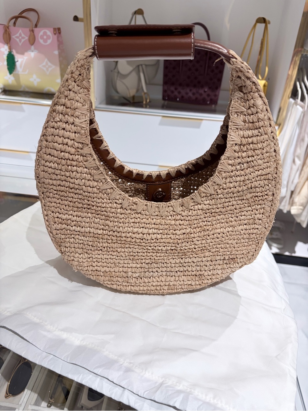 STAUD Beige Woven Crescent Shoulder Bag with Brown Leather Handle